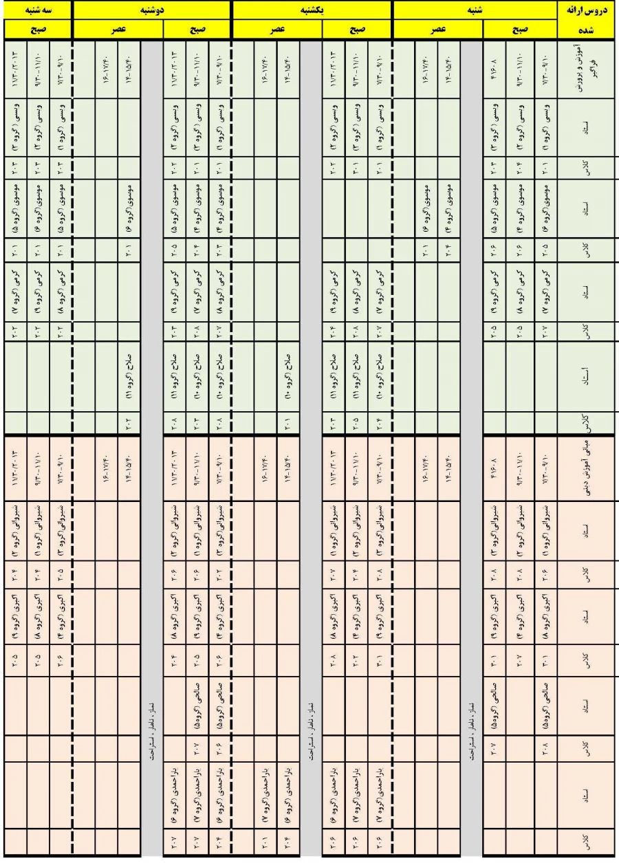 برنامه کلاسی ترم تابستان