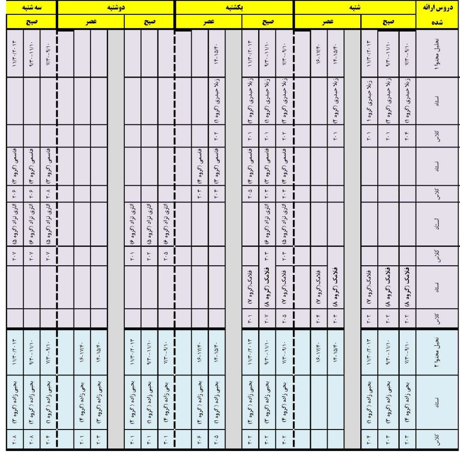 برنامه کلاسی ترم تابستان
